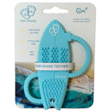 Blue surfboard teething toy with leg-rope handles.